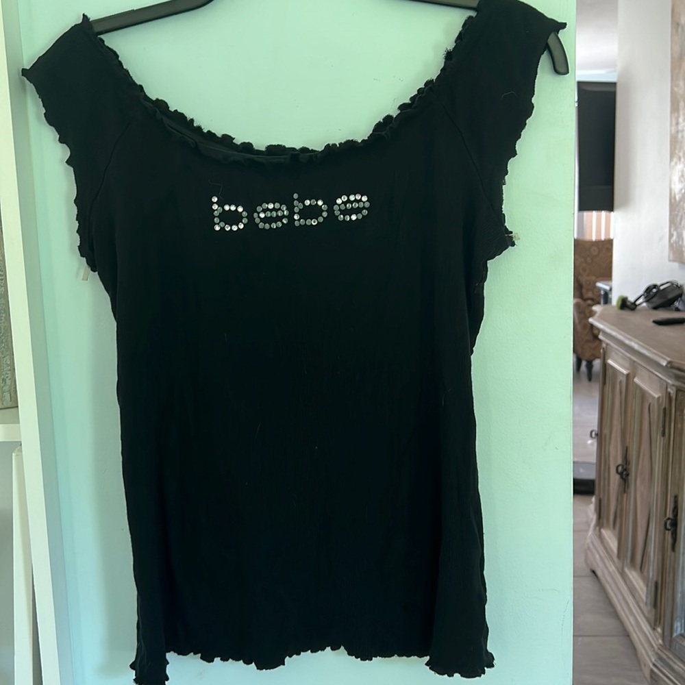 Bebe black with rhinestone logo cute off the shoulder top